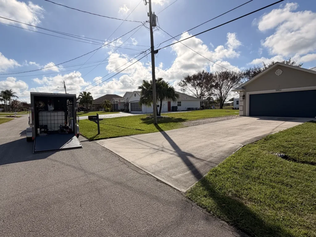 AquaFlow Pro Wash trailer beside a freshly cleaned concrete driveway