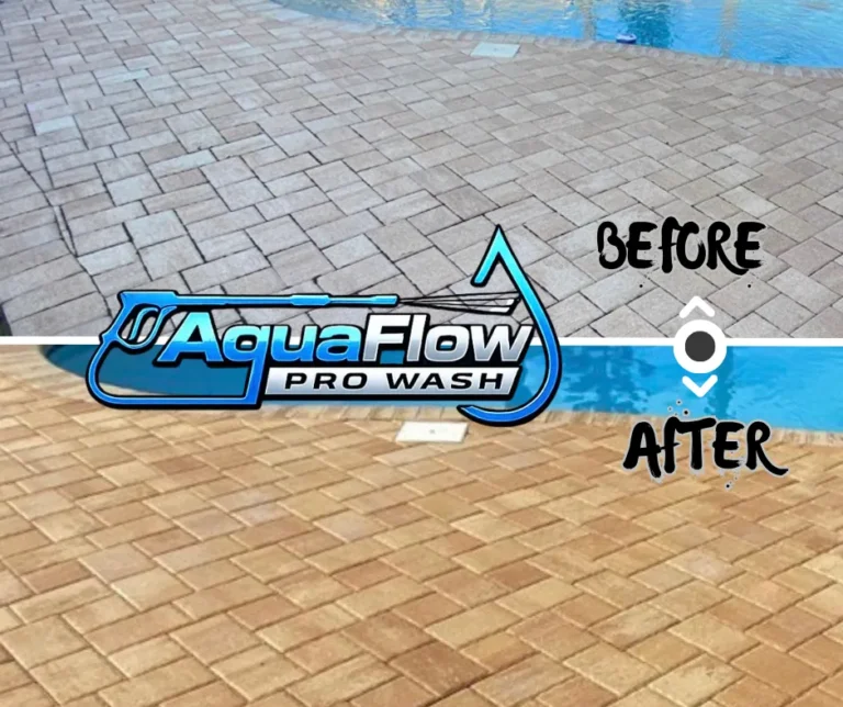 Pool deck pavers before and after cleaning and sealing