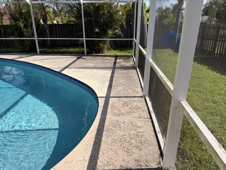 Pool deck with dark spotting along the screen enclosure before cleaning