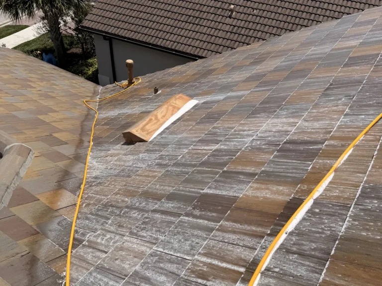 Soft-wash roof cleaning in progress on a tile roof